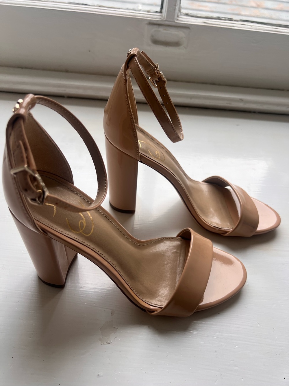 Nude Patent Block Heel Sandals